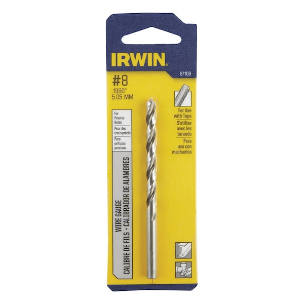 Irwin No 8 X 3-5/8 in. L High Speed Steel Jobber Length Wire Gauge Bit Straight Shank 1 pk 81108 - main